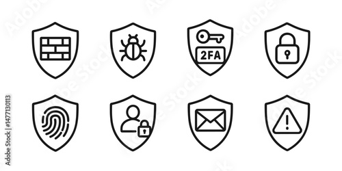 Security shield icons: firewall, 2FA, bug