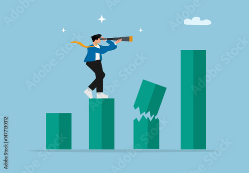 Businessman Looking Through Telescope on Growth Chart with Broken Bar. Risk and Vision Concept Illustratio