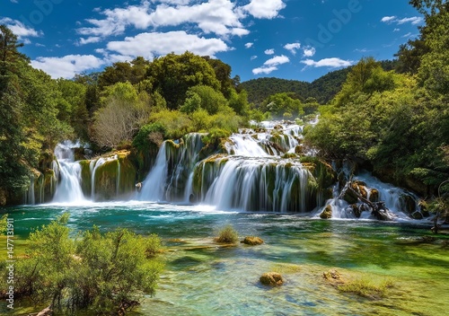 A wide-angle photo of the cascading waterfalls at Krka National Park in Croatia, with lush greenery