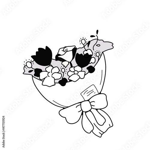お祝いに使える白や黒のシンプルな花束のイラスト