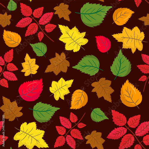 seamless pattern with colorful autumn leaves dark brown background, fall foliage design, repeating autumnal leaf illustration