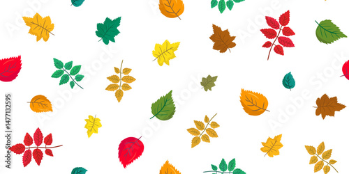 simple hand-drawn modern seamless pattern with colorful autumn leaves white background, easy contemporary fall foliage design, repeating painted autumnal leaf