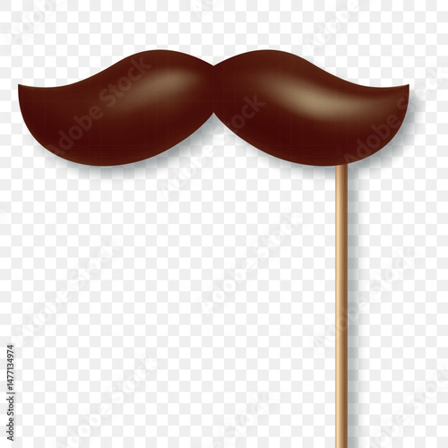 Vector 3d Realistic Brown Mustache Prop on Stick. Simple Mustache for Party, Photo Booth, Masquerade, Costume, Funny Carnival, Cosplay, Hipster Style. Retro Gentlemen Look, Celebration and Fun