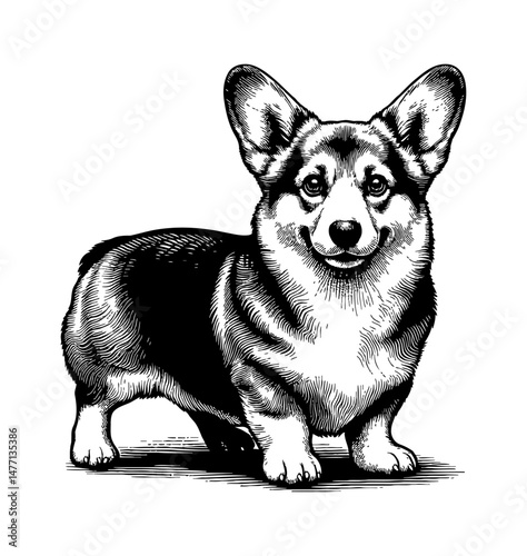 Smiling Corgi Dog Standing in Detailed Black and White Engraving Style Vector Illustration