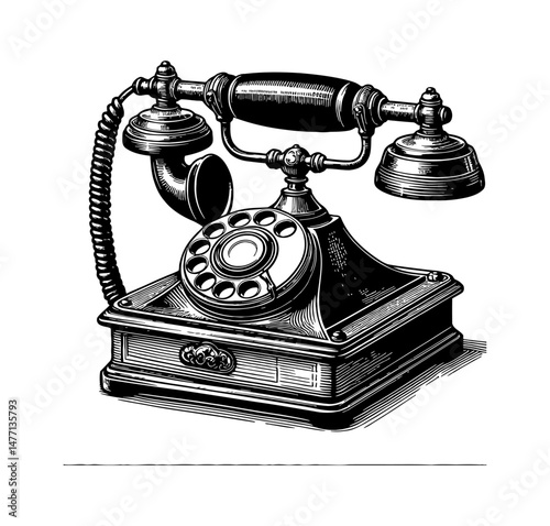 Detailed Engraved Illustration of Antique Rotary Telephone with Cord and Receiver