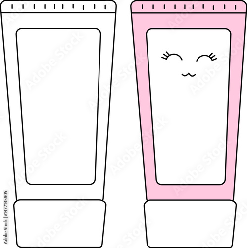 Cream bottle isolated. Vector graphic line illustration. Black and white kawaii icon. Cute funny face skin care cosmetic products. for package, vacation design, fabric and textile.