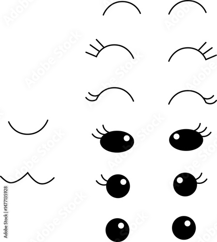 Kawaii manga style female cute eyes set. Drawing doll eyes, eyes for mascot. Beautiful eyes with female eyelashes..
