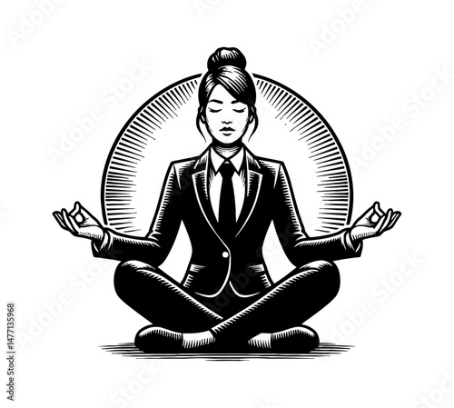 Businesswoman Meditating in Lotus Position. Zen and Mindfulness at Work concept.