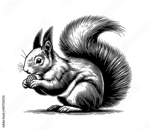 Detailed Engraving of Squirrel Holding Nut While Sitting and Eating with White Background
