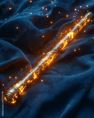 a mystical wand or ancient talisman, floating slightly above a soft black cloth
