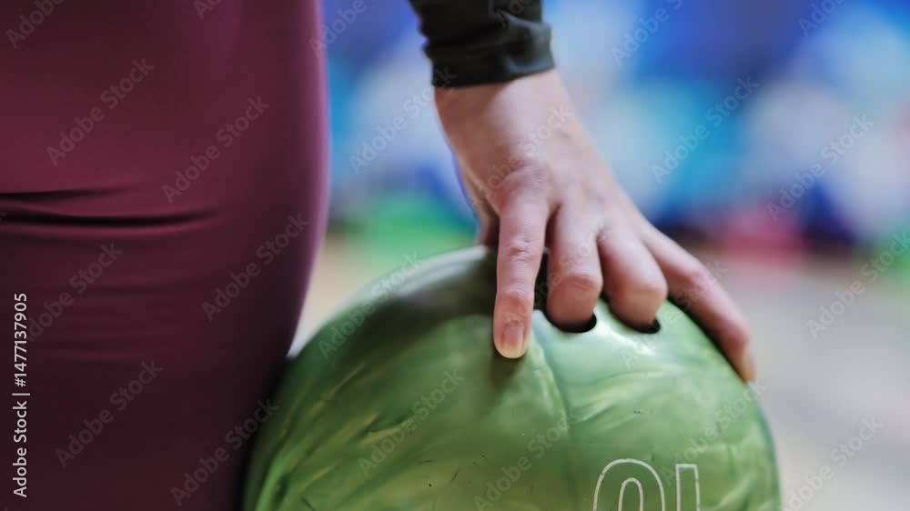 Close-up shot of woman preparing bowling throw with fingers set in green ball holes