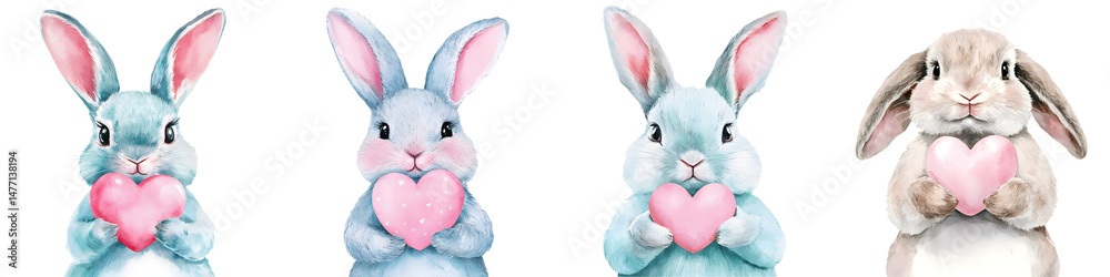 Obraz premium Cute watercolor bunnies holding pink hearts, perfect for Easter and spring celebrations, featuring adorable pastel shades, charming expressions, and playful themes.