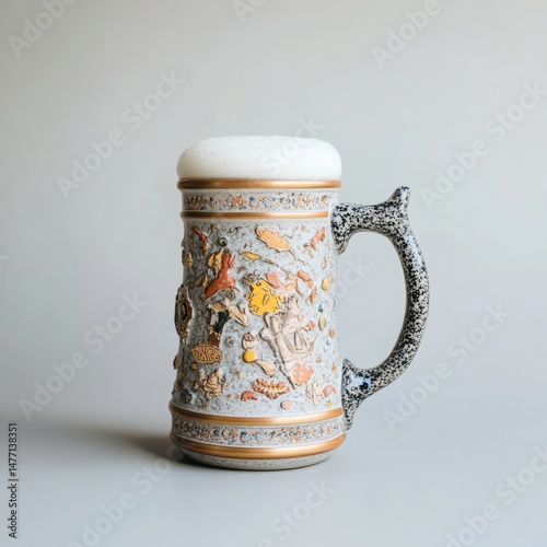 A ceramic beer stein with a white head of foam, intricate gold detailing, and a black speckled handle.