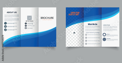 Trifold brochure with blue waves. Vector illustration. Trifold Print Ready Brochure Template. Professional Layout.