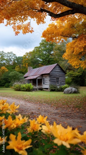 Rustic log cabin in autumn landscape with vibrant foliage and flowers outdoors in a pastoral setting vertical