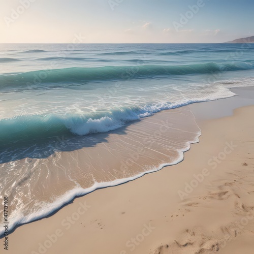Gentle blue ocean waves softly caress the sandy shore , zen, meditation photo