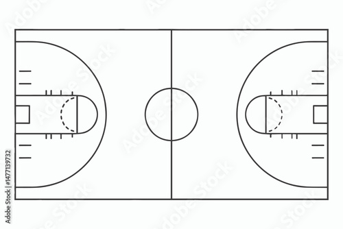 Simple Line Drawing of a Standard Basketball Court