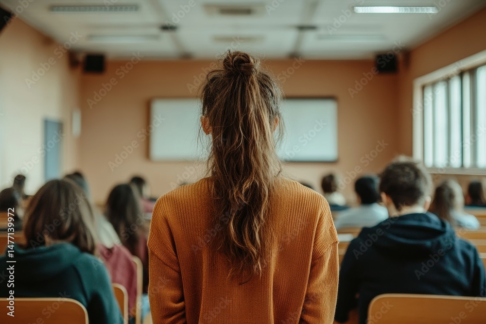 Obraz premium person standing up in a classroom, admitting to a mistake, showing maturity and responsibility