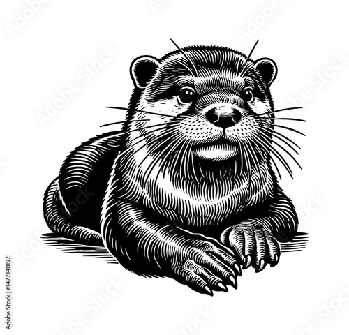 Detailed Engraved Illustration of an Otter Sitting and Looking Forward in Black and White
