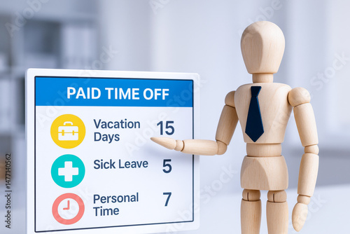 Employee benefits include paid time off with vacation days sick leave and personal time shown on modern office display