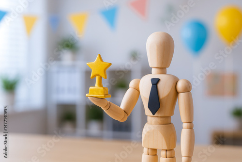 Employee benefits recognition with wooden mannequin holding star trophy in office, symbolizing achievement and positive workplace atmosphere