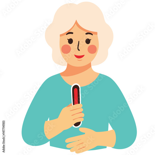 Elderly woman measuring temperature. Senior female holding thermometer. Aging woman checking health with thermometer. Old lady in sweater using temperature device.