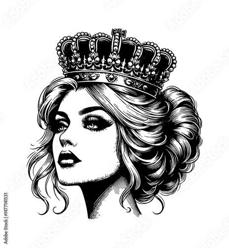 Portrait of a Glamorous Woman with a Crown in Black and White Engraving Style