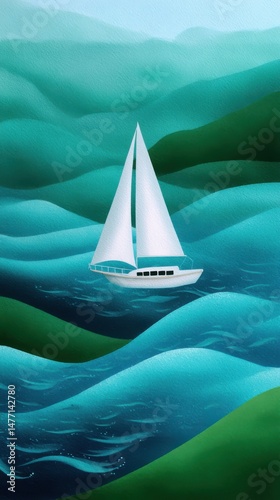 Sailboat Floating on Wavy Blue Green Waters Smooth Surfaces and Subtle Textures Evocative Nautical Adventure Simple Digital Art