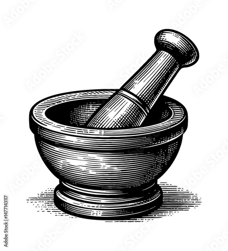 Mortar and Pestle in Detailed Engraved Black and White Illustration Style