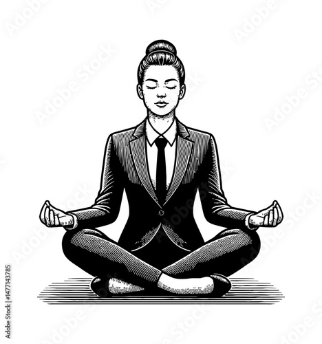 Businesswoman Meditating in Lotus Position in Engraved Style Black and White Illustration