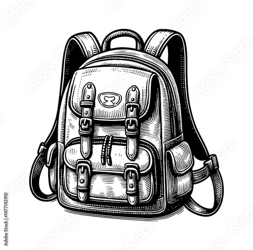 Detailed Engraving Illustration of a Classic Backpack with Straps and Pockets in Black and White