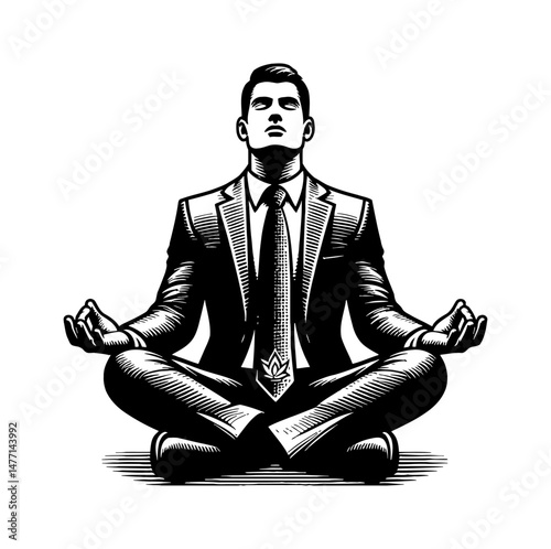 Businessman Meditating in Lotus Position in Detailed Engraved Style Black and White Illustration