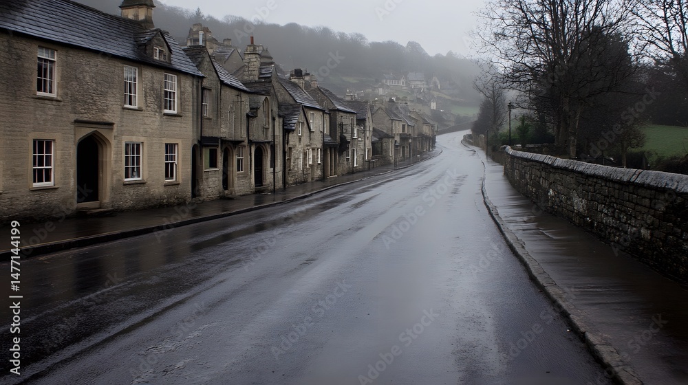 Fototapeta premium Misty Village Street Scene, Stone Houses, Wet Road