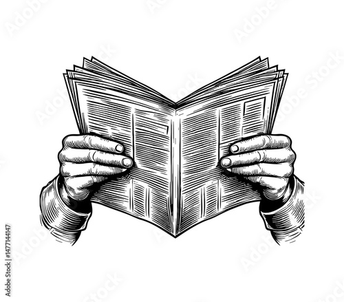 Hands Holding and Reading an Open Newspaper in Detailed Black and White Engraving Style