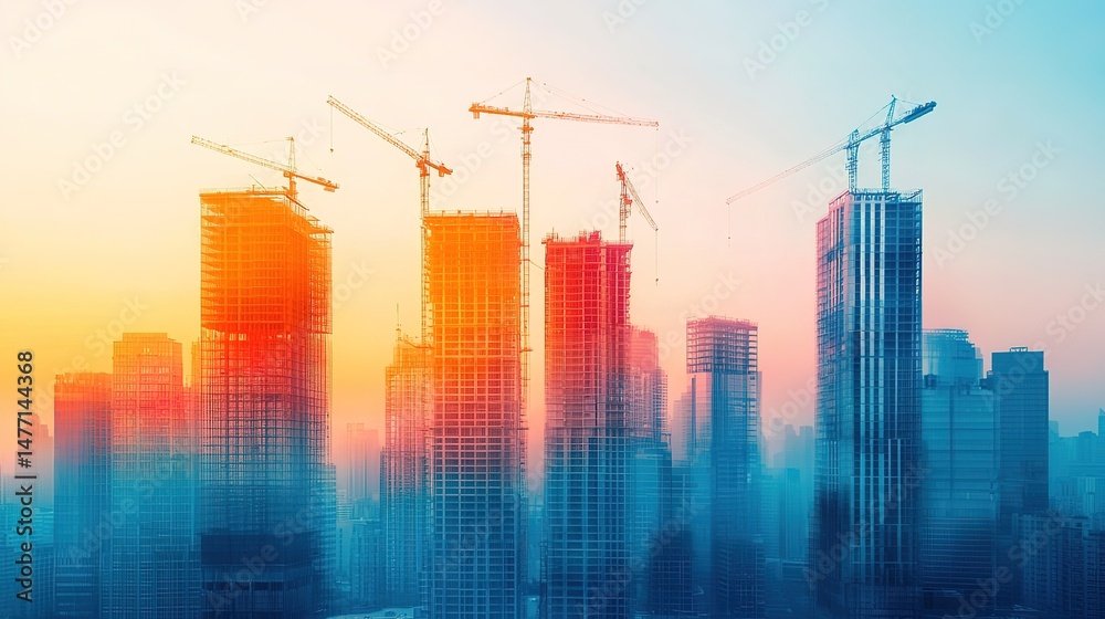 Obraz premium Urban development under construction skyscrapers rising city skyline gigapixel standard morning glow