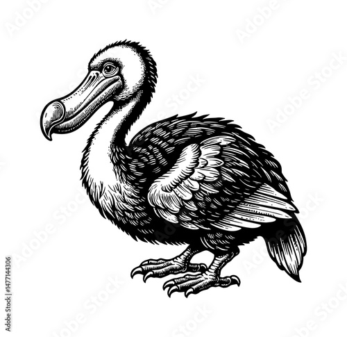 Dodo bird standing detailed engraved illustration, extinct and flightless bird, antique art
