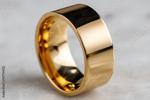 Close-up shot of a luxurious and shiny golden ring showcasing its smooth surface and reflective qualities, placed on a neutral marble background.