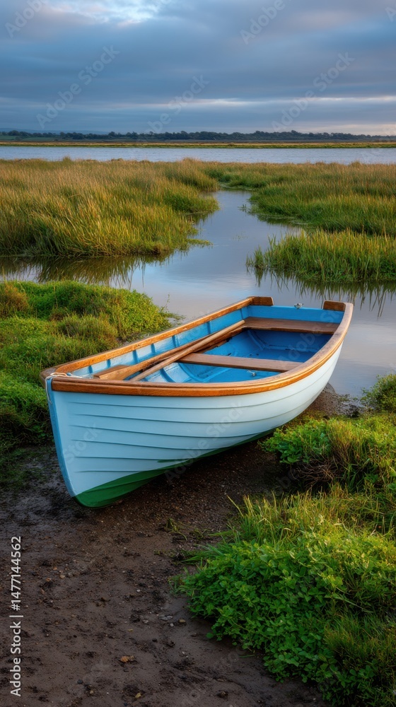 Pastel boat rests on shore near grassy waterways serene countryside early light calm scenic tranquil nature recreation Pastel boat rests on shore near grassy waterways serene countryside early light calm scenic tranquil nature recreation