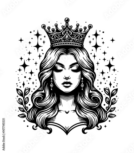 Elegant Queen with Crown and Long Hair with Closed Eyes in Black and White Illustration
