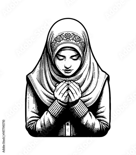 Muslim Woman Praying with Hands Raised in Supplication in Engraved Black and White Style