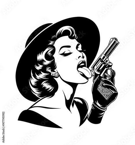 Woman with Hat and Gun sticking out tongue in Vector Illustration with Black and White Tone