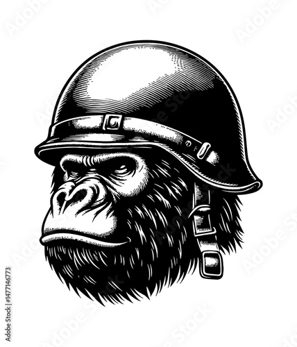 Gorilla Wearing Military Helmet Detailed Engraving Black and White Vector Illustration