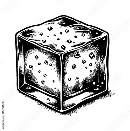 Engraved Illustration of Sugar Cube with a Rough Texture and Imperfections on White