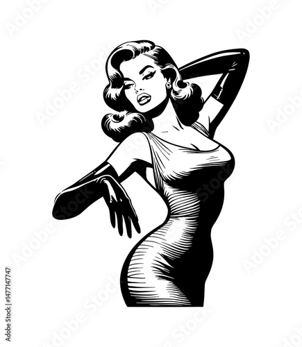Seductive Woman in Dress with Gloves Posing with Hand Behind Head Black and White Engraved