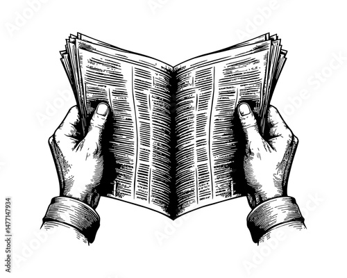 Hands Holding and Reading Open Newspaper with Detailed Engraving Style in Black and White