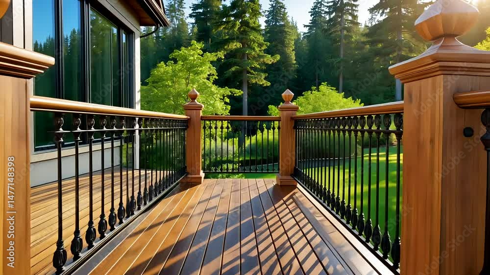 Wooden Deck with Metal Railing Overlooking Lush Backyard Garden Wooden Deck with Metal Railing Overlooking Lush Backyard Garden