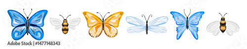 Butterfly and bee clipart set with hand drawn watercolor elements in blue, yellow, and violet tones, isolated decorative insects for spring design