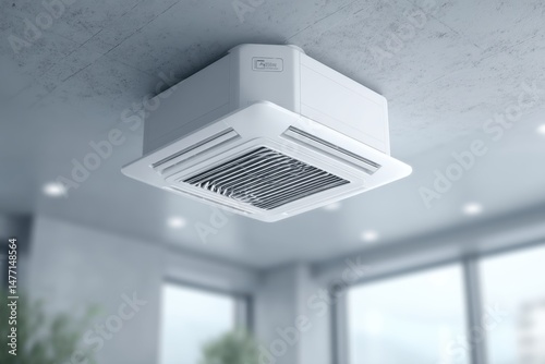 A close-up shot of a modern white ceiling-mounted air conditioning unit  providing efficient cooling and ventilation in an indoor environment with large windows.