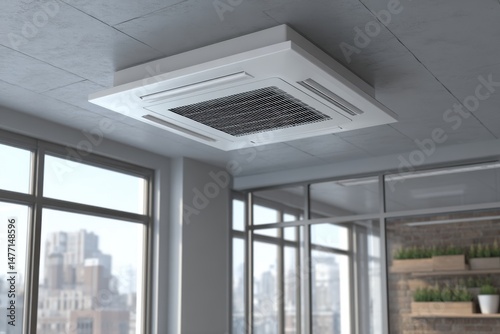 Modern office air conditioning system installed in the ceiling provides efficient climate control  with large windows offering a bright cityscape view and potted plants adding a touch of nature.