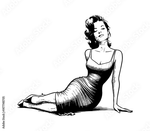 Woman in Dress Posing Reclined with Eyes Closed in Black and White Illustration